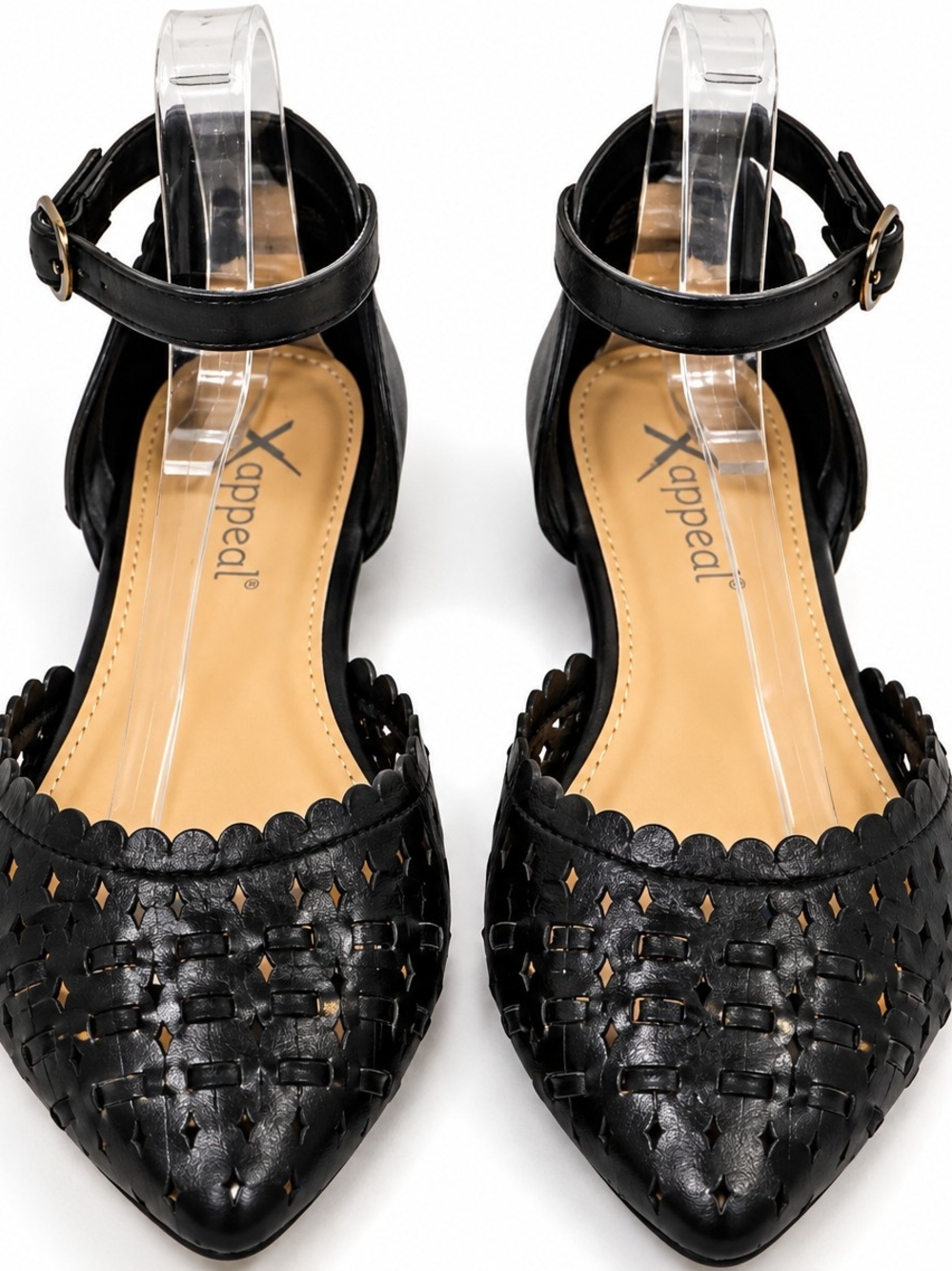 Xappeal Black Woven Pointed-Toe Ankle-Strap Flats